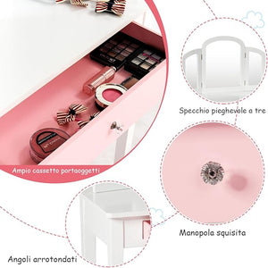 Toeletta Trucco per Bambina, Specchiera Trittica per Ragazza in Legno Robusto con Sgabello e Cassetto, Postazione Trucco 2 in 1 per Cameretta e Cmera da Letto, 95x70x34cm(Bianco)