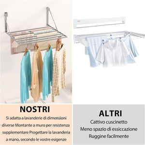 Stendibiancheria da Parete Pieghevole Antiruggine Resistente Stendino da Esterno o Interni, Salvaspazio Stendino per Balcone Bagn, con 8 Asticelle, 60cm