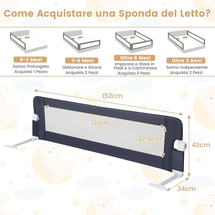 Sponda Letto per Bambini 105/120/150 cm, Barriera di Sicurezza per Neonati, Barriera Letto Pieghevole e Portatile, con Cinghia di Sicurezza (Grigio, 152 x 34 x 42 cm)