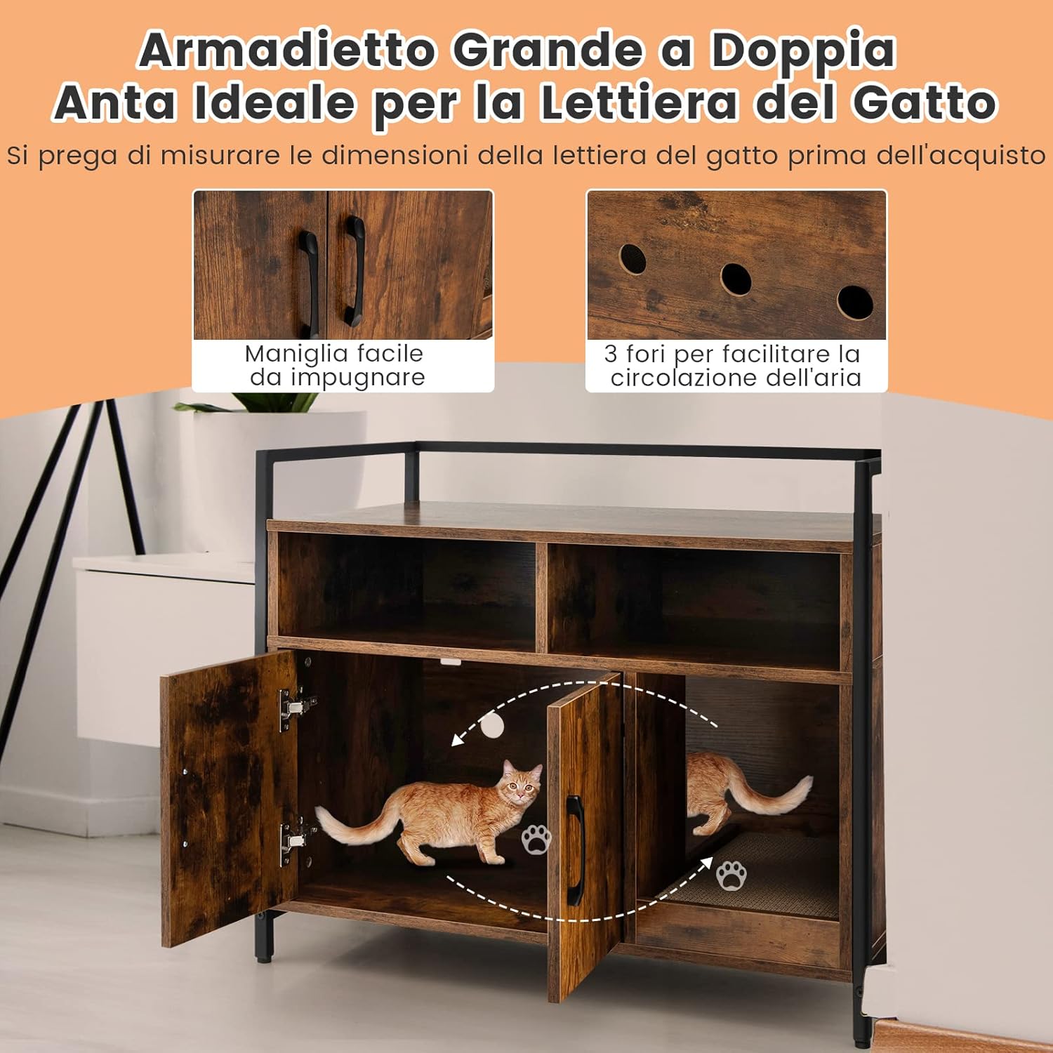 Mobile per Lettiera Gatti con Ripiani Aperti e Ripiani Chiusi con Maniglie, Mobiletto Multiuso per Ingresso e Soggiorno, 82,5 x 51 x 51 cm, Portata 50 kg (Marrone)