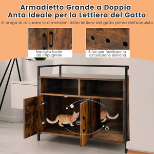 Mobile per Lettiera Gatti con Ripiani Aperti e Ripiani Chiusi con Maniglie, Mobiletto Multiuso per Ingresso e Soggiorno, 82,5 x 51 x 51 cm, Portata 50 kg (Marrone)
