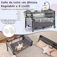 5-in-1 Lettino da Campeggio con Materasso, Lettino per Bambini con Fasciatoio, Lettino Pieghevole e Portabile, Altezza Regolabile in 5 Livelli, per Bambini 0-36 Mesi (Grigio+Grigio Scuro)