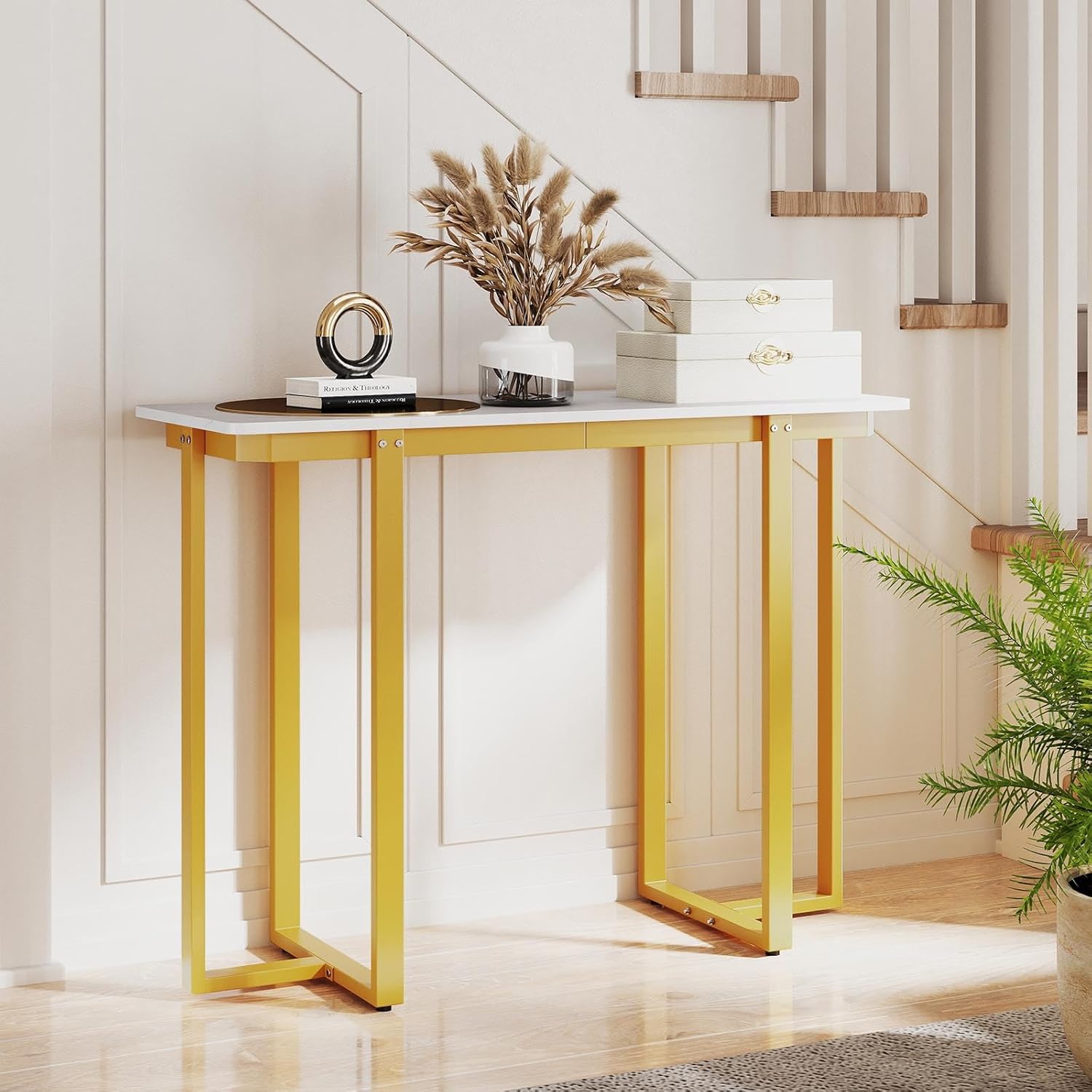 Tavolo Consolle, Tavolo d'Ingresso Moderno in Marmo Finto con Telaio Geometrico in Metallo, Tavolo Stretto per Soggiorno, Corridoio e Ingresso, 107 x 40 x 79,5 cm (Oro e bianco)