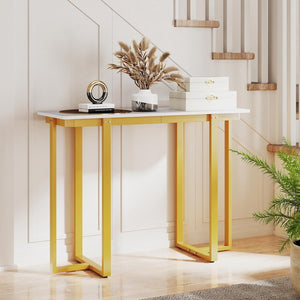 Tavolo Consolle, Tavolo d'Ingresso Moderno in Marmo Finto con Telaio Geometrico in Metallo, Tavolo Stretto per Soggiorno, Corridoio e Ingresso, 107 x 40 x 79,5 cm (Oro e bianco)