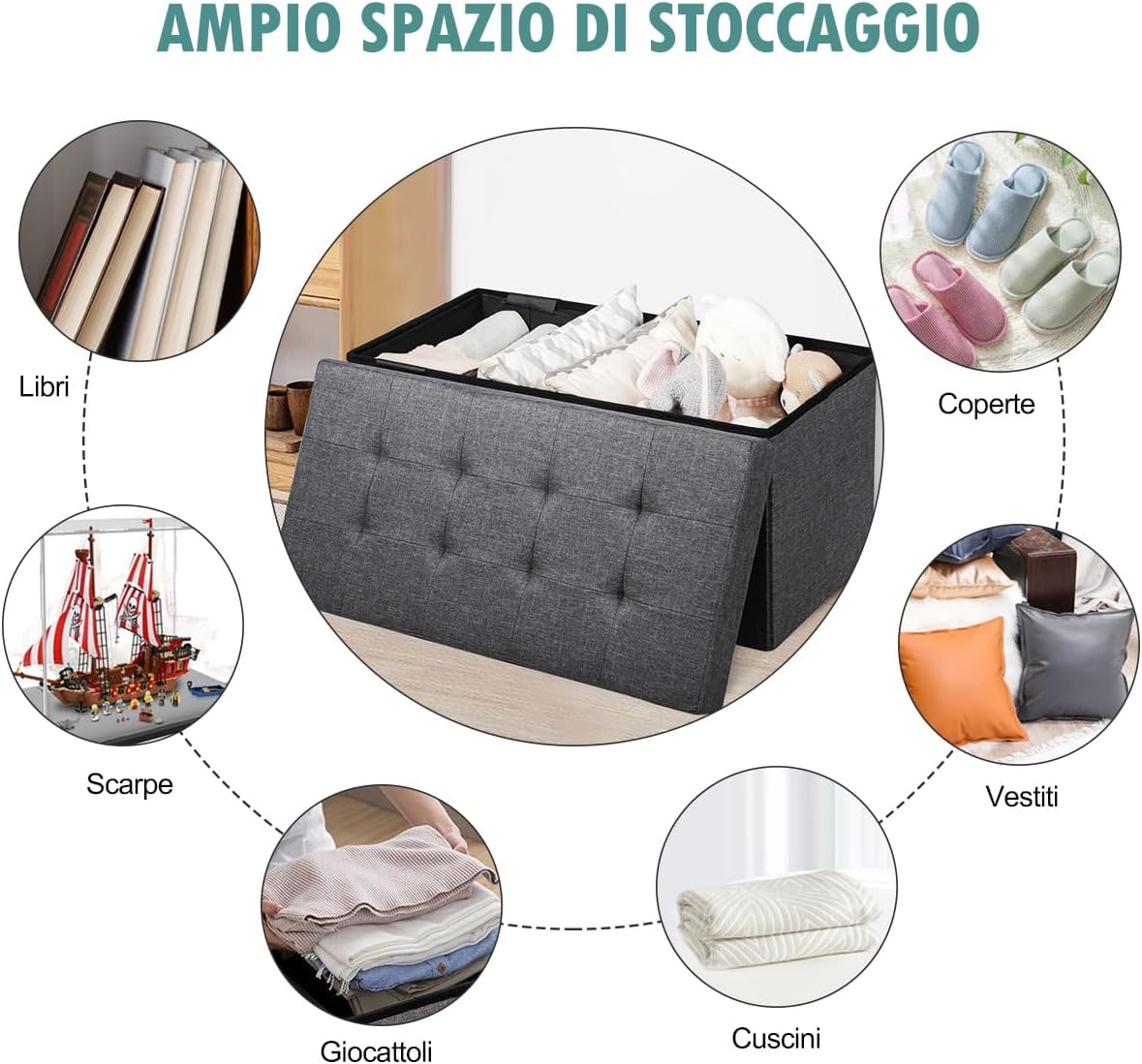Ottomana Salvaspazio Pieghevole da 80 cm, Cassapanca per Giocattoli con Contenitore Rimovibile, Poggiapiedi con Sedile Imbottito per Soggiorno, Camera da Letto, Portata 160 kg (Grigio Scuro)