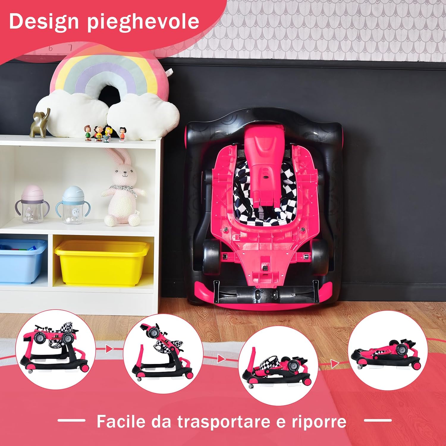 Girello per Bambini 4 in 1, Girello Pieghevole con Altezza e Velocità Regolabili, Carillon con Luci, Volante, Primi Passi per Bambini 6-18 Mesi, Portata 15 kg (Profondo Rosso)