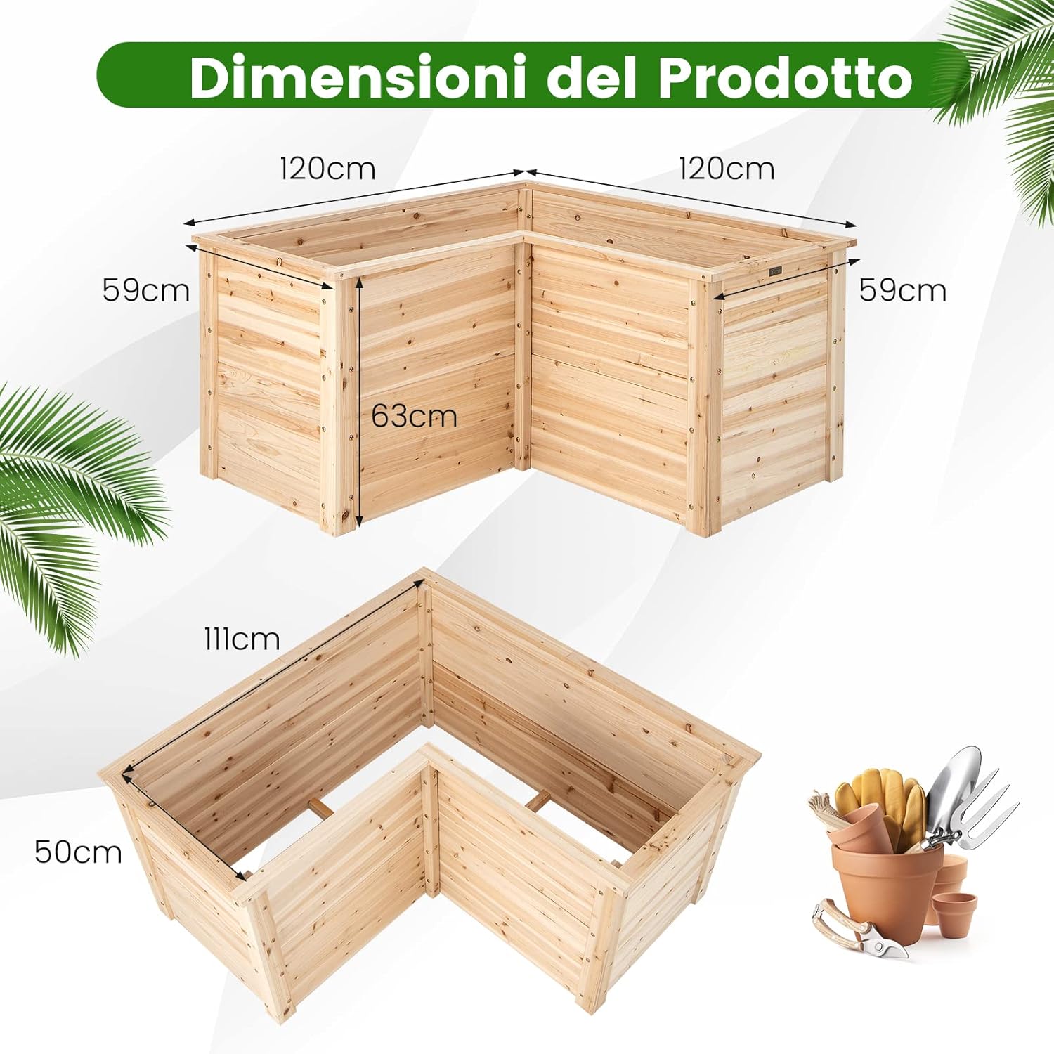 Letto Rialzato da Giardino in Legno, Fioriera da Esterno a Forma di L con Base Aperta, Aiuola per Frutto, Erbe, Verdure e Fiori da Blacone, Cortile e Prato, 120 x 120 x 63 cm (Naturale)