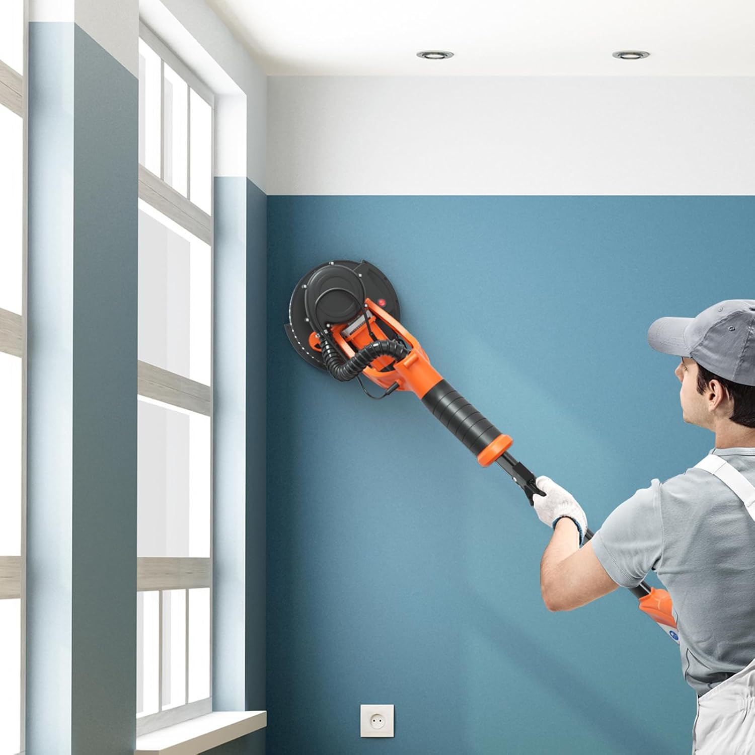 Levigatrice per Muro a Secco 750W, Levigatrice Elettrico per Cartongesso Pieghevole Estensibile, Velocità Regolabile 800-1750RPM, con Luci LED e 12 Dischi Abrasivi