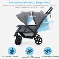 Passeggino Doppio Pieghevole per Bambini, Passeggino Gemellare Pieghevole, con Seduta in Tandem e Tettuccio, Schienale Regolabile, Ruote Bloccabili e Antiurto, Portata Totale 30 kg (Grigio)