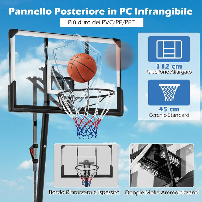 Canestro da Basket Regolabile 150-365 cm in Altezza per Bambini ed Adulti, Canestro con Piantana con Ruote, Canestro con Asta e Base Riempibile per Interno ed Esterno