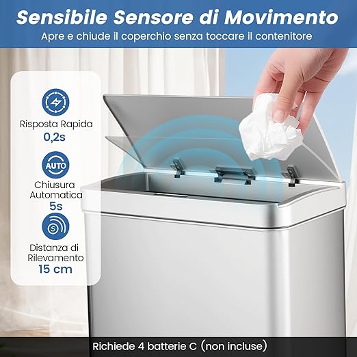 56L Pattumiera in Acciaio Inossidabile, Cestino della Spazzatura con Sensore di Movimento e 2 Contenitori Interni Rimovibili, Coperchio a Chiusura Lenta per Cucina Soggiorno Ufficio (Argento)