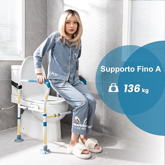 Supporto di Sicurezza Telaio Autonomo per WC, Supporto per WC Regolabile in Altezza e Larghezza con Cinghia di Fissaggio, Con Ventose Antiscivolo (Blu)