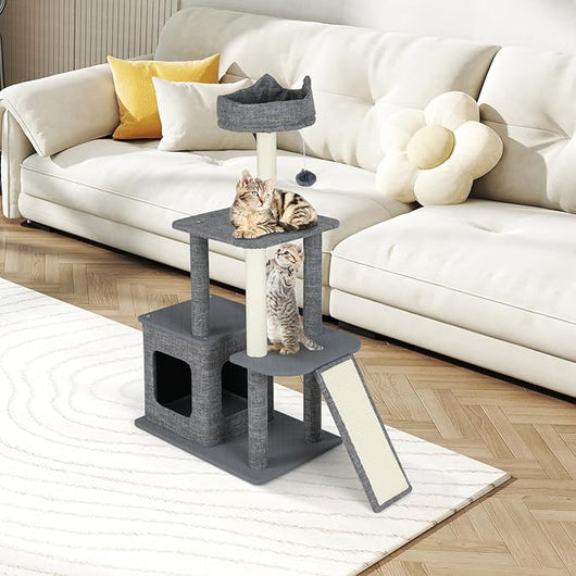 Tiragraffi per Gatto Alto 117 cm, Albero Tiragraffi Gatto con 5 Piattaforme, 2 Pali Sisal e Pallina Pompon, Torre Tiragraffi per Gatti con Grotta e Trespolo, Grigio