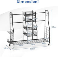 Organizer per Borse da Golf, Carrello per Sacca da Golf con Supporti Rimovibili, Cesta in Rete, Scaffali Aperti, Vassoio e Ruote, Organizzatore Salvaspazio in Metallo per Casa e Garage