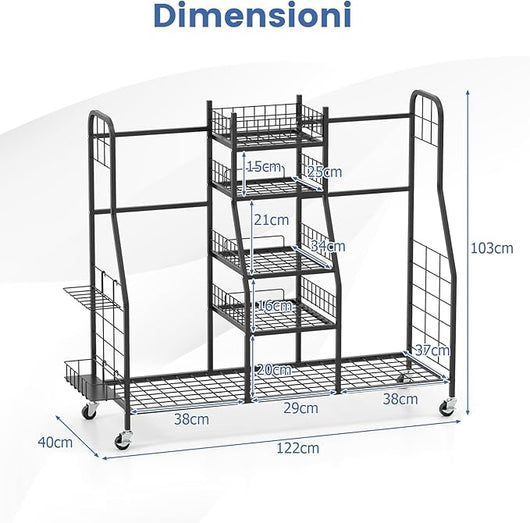 Organizer per Borse da Golf, Carrello per Sacca da Golf con Supporti Rimovibili, Cesta in Rete, Scaffali Aperti, Vassoio e Ruote, Organizzatore Salvaspazio in Metallo per Casa e Garage