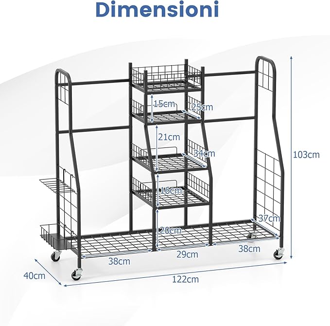 Organizer per Borse da Golf, Carrello per Sacca da Golf con Supporti Rimovibili, Cesta in Rete, Scaffali Aperti, Vassoio e Ruote, Organizzatore Salvaspazio in Metallo per Casa e Garage