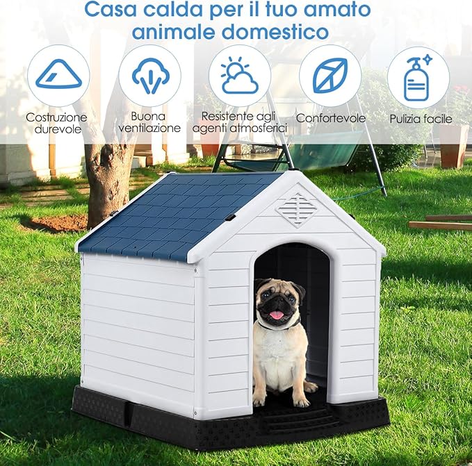 Cuccia per Cani da Esterno ed Interno, Cassetta Impermeabile e Ventilata con Valvole d’Aria e Pavimento Rialzato, per Cani di Piccola e Media Taglia (Blu, 78,5 x 87,7 x 81,5 cm)