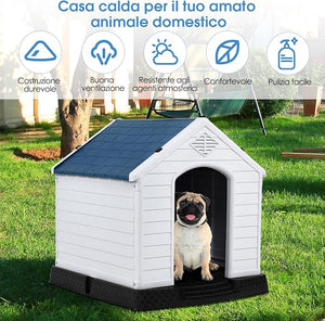 Cuccia per Cani da Esterno ed Interno, Cassetta Impermeabile e Ventilata con Valvole d’Aria e Pavimento Rialzato, per Cani di Piccola e Media Taglia (Blu, 78,5 x 87,7 x 81,5 cm)