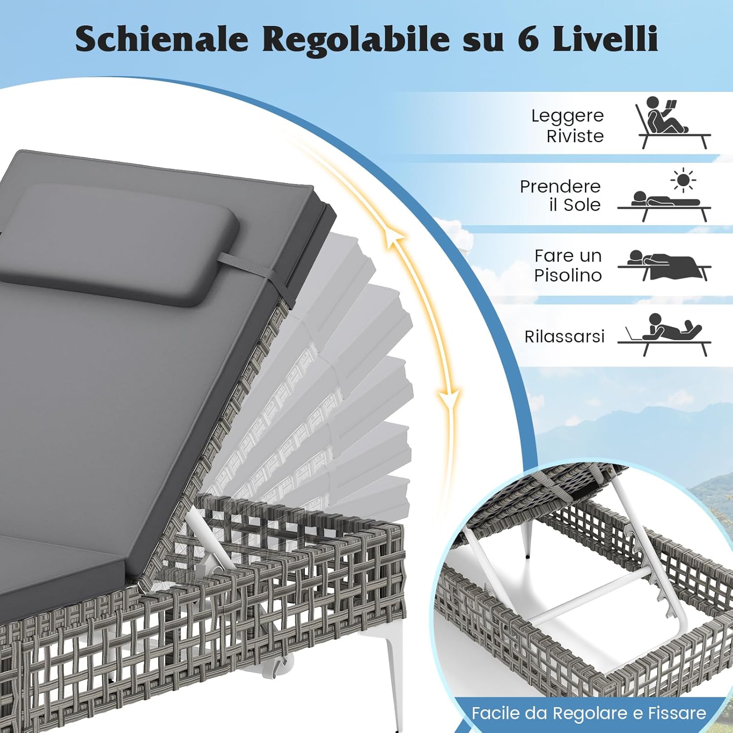 Lettino Prendisole Giardino in Rattan PE, Sedia a Sdraio da Patio, con Schienale Regolabile a 6 Livelli, Cuscino e Poggiatesta Removibili, Lettino Esterno per Piscina Terrazza, Portata 180 kg