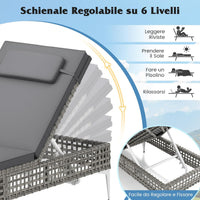 Lettino Prendisole Giardino in Rattan PE, Sedia a Sdraio da Patio, con Schienale Regolabile a 6 Livelli, Cuscino e Poggiatesta Removibili, Lettino Esterno per Piscina Terrazza, Portata 180 kg