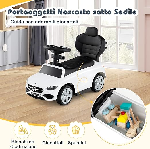 3 in 1 Auto a Spinta, Mercedes-Benz Macchina Cavalcabile, con Schienale Regolabile Suono Barra di Spinta e Tettuccio, per Bambini 18-36 Mesi (Bianco)