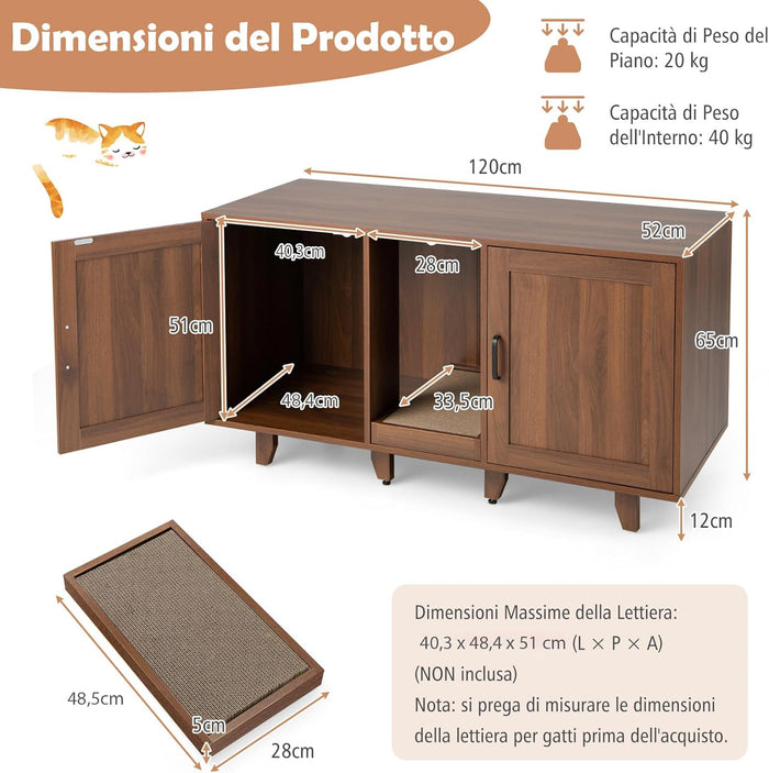 Mobile per Lettiera per Gatti 120 x 52 x 65 cm, Casetta per Gatti con 2 Ante, Fori, Tiragraffi e Gambe Staccabili, Mobile Versatile e Moderno per Salotto (Marrone)