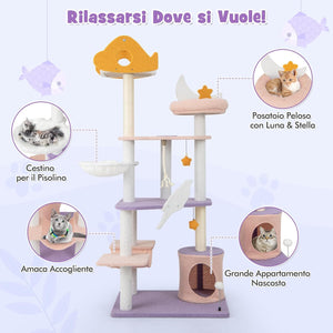 Tiragraffi per Gatti Alto 167 cm, Albero per Gatti Tiragraffi Gatto Stabile Multilivello, Albero Giochi in Sisal Piatteforme Rela, Ampio e Sicuro, 1 Amaca, 1 Grotta, 1Cesto
