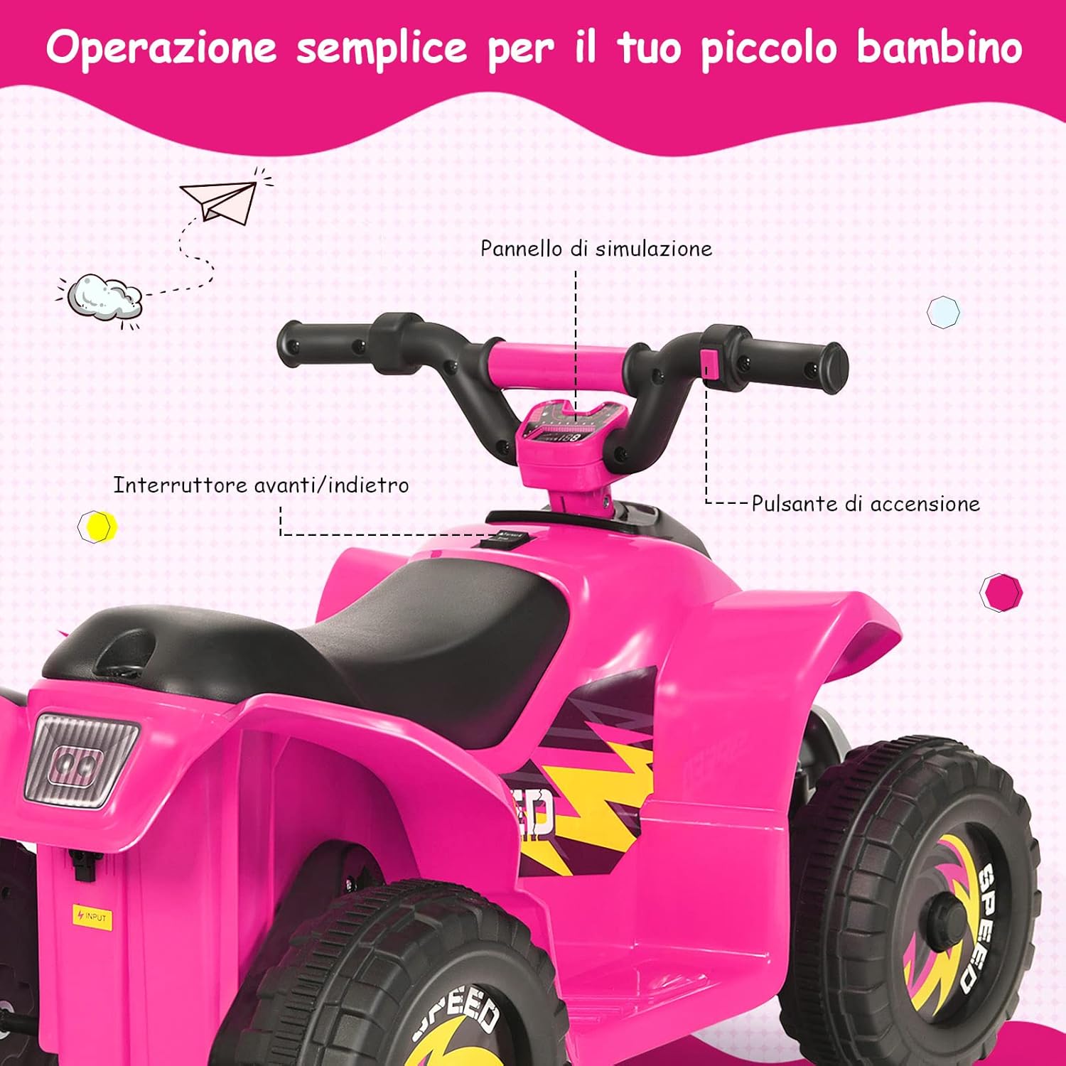 6V Quad Elettrico per Bambini, Mini Quad da Spiaggia con Funzione Avanti/Indietro, Velocità Massima 4,6 km/h, Regalo per Bambini 3 Anni+ (Rosa)
