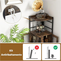 Mobile Bar Angolare, Mobiletto Multiuso con Porta Bicchieri, 2 Porte Ventilate in Rete Metallica e Ripiano Regolabile, per Cucina, Sala da Pranzo e Soggiorno (Marrone)