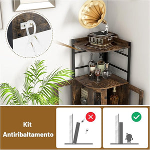 Mobile Bar Angolare, Mobiletto Multiuso con Porta Bicchieri, 2 Porte Ventilate in Rete Metallica e Ripiano Regolabile, per Cucina, Sala da Pranzo e Soggiorno (Marrone)