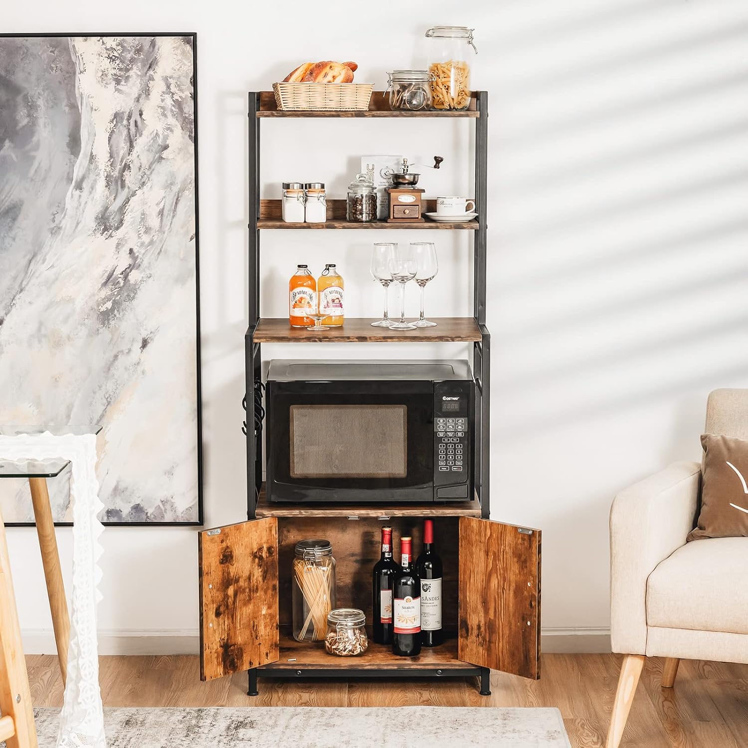 Scaffale con 4 Livelli per Cucina con Armadio e Credenza, Supporto Industriale per Forno Microonde, con Ganci e Piedini Regolabili, Ideale per Cucina e Sala da Pranzo, 60 x 40 x 150 cm