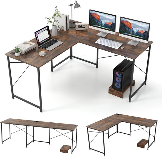 Scrivania Angolare Salvaspazio Reversibile, Scrivania ad Angolo a Forma di L con Presa Integrata, Supporto per Host e Fori per la Gestione dei Cavi (Marrone)