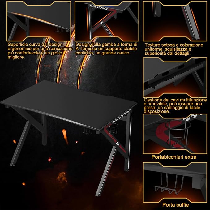 Scrivania da Gaming a Forma di K, Tavolo da Gioco 115 cm, Tavolo per Computer con Porta Bicchiere e Gancio, Scrivania Computer con Struttura in Acciaio, per Casa o Ufficio