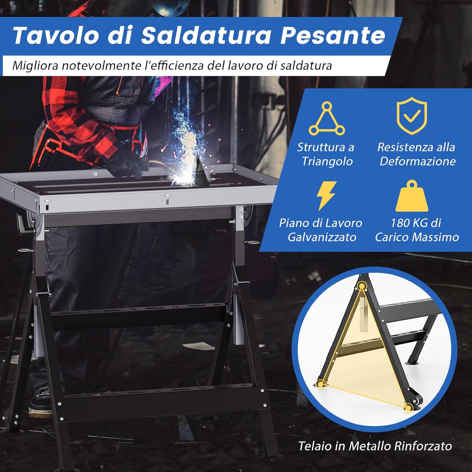 Banco da Lavoro Pieghevole, Tavolo da Lavoro Portatile con Piattaforma Inclinabile e Altezza Regolabile, 2 Ruote, con 3 Slot e 2 Portautensili, Capacità di Carico 180 KG (Modello 1)