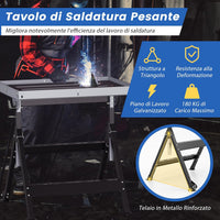 Banco da Lavoro Pieghevole, Tavolo da Lavoro Portatile con Piattaforma Inclinabile e Altezza Regolabile, 2 Ruote, con 3 Slot e 2 Portautensili, Capacità di Carico 180 KG (Modello 1)