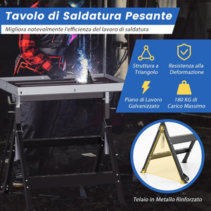 Banco da Lavoro Pieghevole, Tavolo da Lavoro Portatile con Piattaforma Inclinabile e Altezza Regolabile, 2 Ruote, con 3 Slot e 2 Portautensili, Capacità di Carico 180 KG (Modello 1)