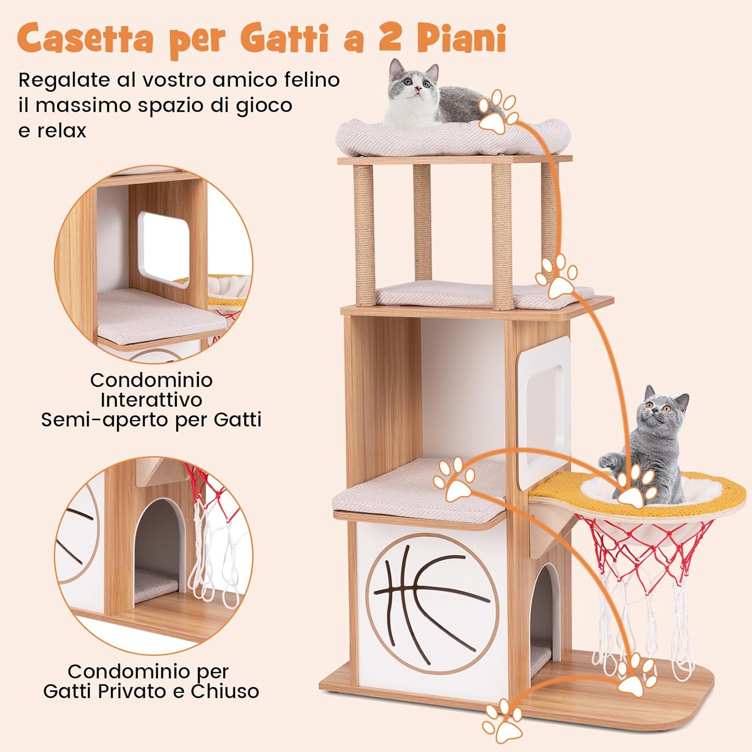 Tiragraffi in Legno 120cm, Torre con Graffiare in Sisal per Gatti a Tema Sportivo con 2 Piani, 2 Posatoi, Amaca e Cuscini Imbottiti, Mobile per Animali Domestici, Naturale