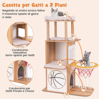 Tiragraffi in Legno 120cm, Torre con Graffiare in Sisal per Gatti a Tema Sportivo con 2 Piani, 2 Posatoi, Amaca e Cuscini Imbottiti, Mobile per Animali Domestici, Naturale