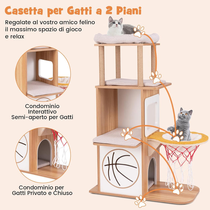 Tiragraffi in Legno 120cm, Torre con Graffiare in Sisal per Gatti a Tema Sportivo con 2 Piani, 2 Posatoi, Amaca e Cuscini Imbottiti, Mobile per Animali Domestici, Naturale