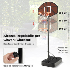 Canestro da Basket Portatile e Regolabile in Altezza da 172 a 200 CM, Canestro da Basket per Bambini da Esterno ed Interno con Tabellone Antiproiettile e Base Stabile Riempibile