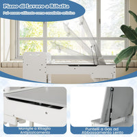 Set Tavolo e Sedie per Bambini con Rotolo di Carta, Tavolino per Cameretta con 2 Sedie, Piano Ribaltabile, Ripiani, 8 Bicchieri per Pittura, 2 Cassetti Nascosti e 2 Ceste di Tessuto (Grigio)