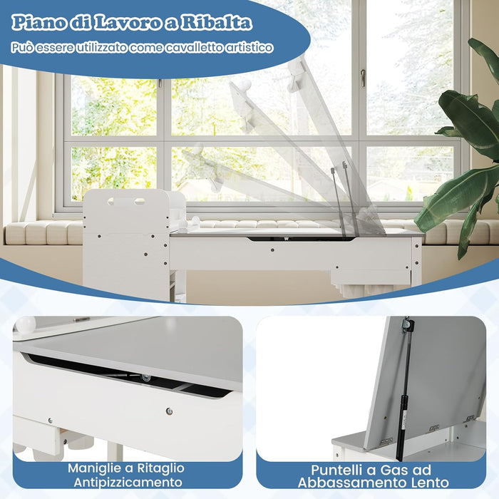Set Tavolo e Sedie per Bambini con Rotolo di Carta, Tavolino per Cameretta con 2 Sedie, Piano Ribaltabile, Ripiani, 8 Bicchieri per Pittura, 2 Cassetti Nascosti e 2 Ceste di Tessuto (Grigio)