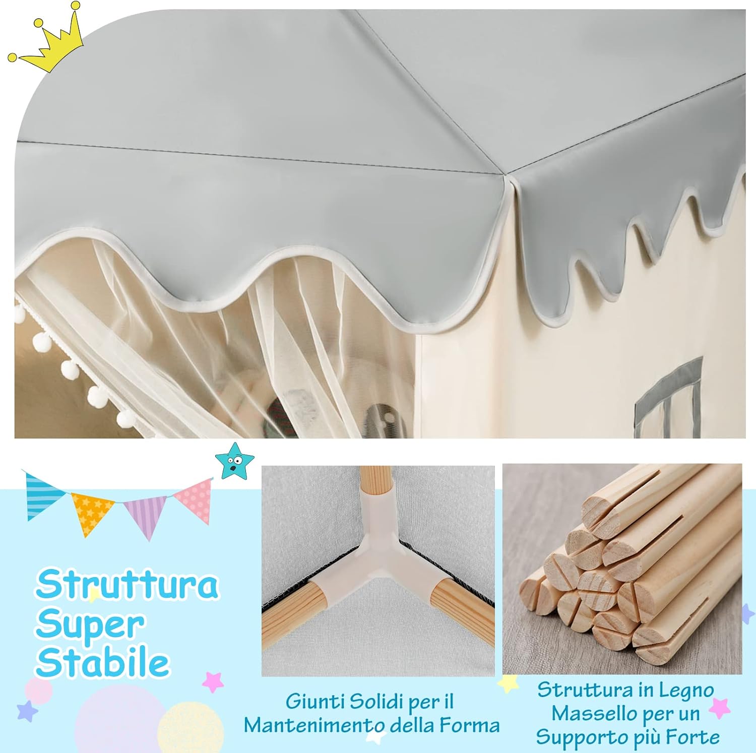 Tenda da Gioco per Bambini, Casetta per Bambini con Struttura in Solido Legno, Tappetino di Cotone, Tenda a Rete e Finestre, 105x120x140 cm (grigio e beige)