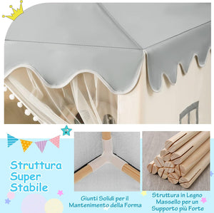 Tenda da Gioco per Bambini, Casetta per Bambini con Struttura in Solido Legno, Tappetino di Cotone, Tenda a Rete e Finestre, 105x120x140 cm (grigio e beige)