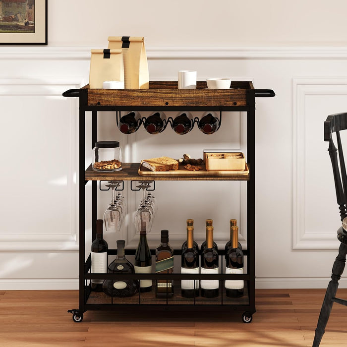 Carrello da Cucina a 3 Ripiani, Carello in Legno con 4 Ruote Universali a Freno e Vasoio Rimovibile, Carrello con Supporti per Bicchieri e Bottiglie di Vino, 84 x 40 x 90 cm, Marrone Rustico