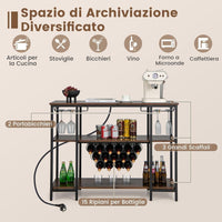 Mobile Bar Vino, Portabottiglie Industriale con 3 Ripiani, Porta Calici, Porte USB e Prese, Mobile Portabottiglie di Vino con Struttura in Metallo, 113 x 35 x 85 cm (Marrone)