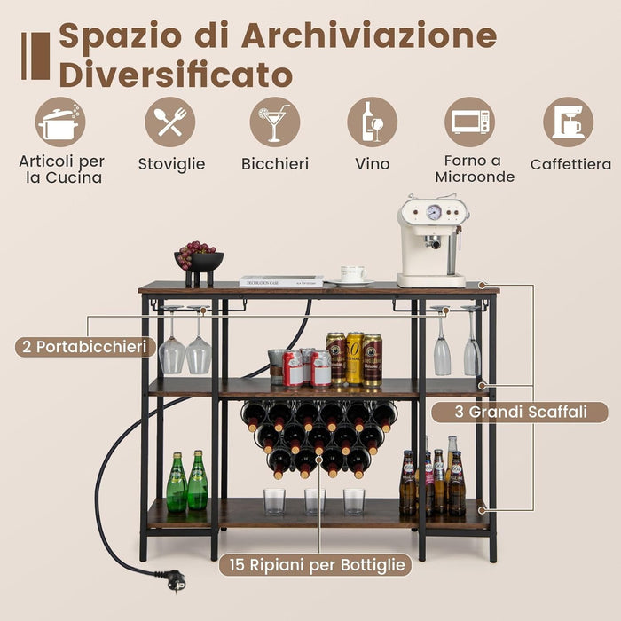 Mobile Bar Vino, Portabottiglie Industriale con 3 Ripiani, Porta Calici, Porte USB e Prese, Mobile Portabottiglie di Vino con Struttura in Metallo, 113 x 35 x 85 cm (Marrone)