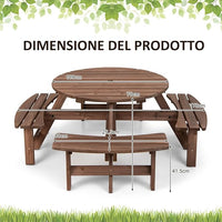 Set Tavolo da Giardino con 4 Panche Integrate, Legno Massiccio, con Foro Ombrellone, per 4-8 Persone, Tavolo Rotondo da Picnic per Esterno, Ogni Panca Porta 225 kg, 178 x 178 x 70 cm