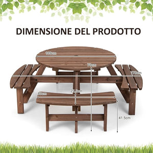 Set Tavolo da Giardino con 4 Panche Integrate, Legno Massiccio, con Foro Ombrellone, per 4-8 Persone, Tavolo Rotondo da Picnic per Esterno, Ogni Panca Porta 225 kg, 178 x 178 x 70 cm