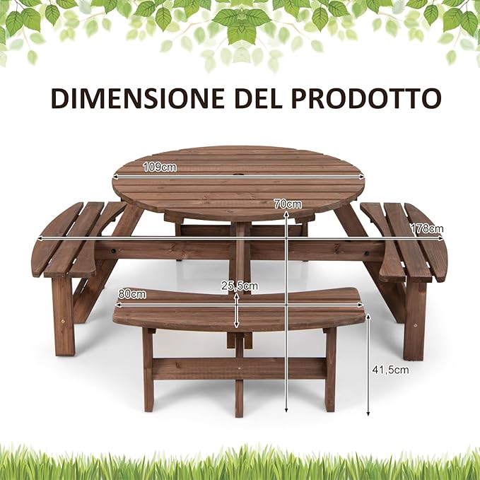 Set Tavolo da Giardino con 4 Panche Integrate, Legno Massiccio, con Foro Ombrellone, per 4-8 Persone, Tavolo Rotondo da Picnic per Esterno, Ogni Panca Porta 225 kg, 178 x 178 x 70 cm